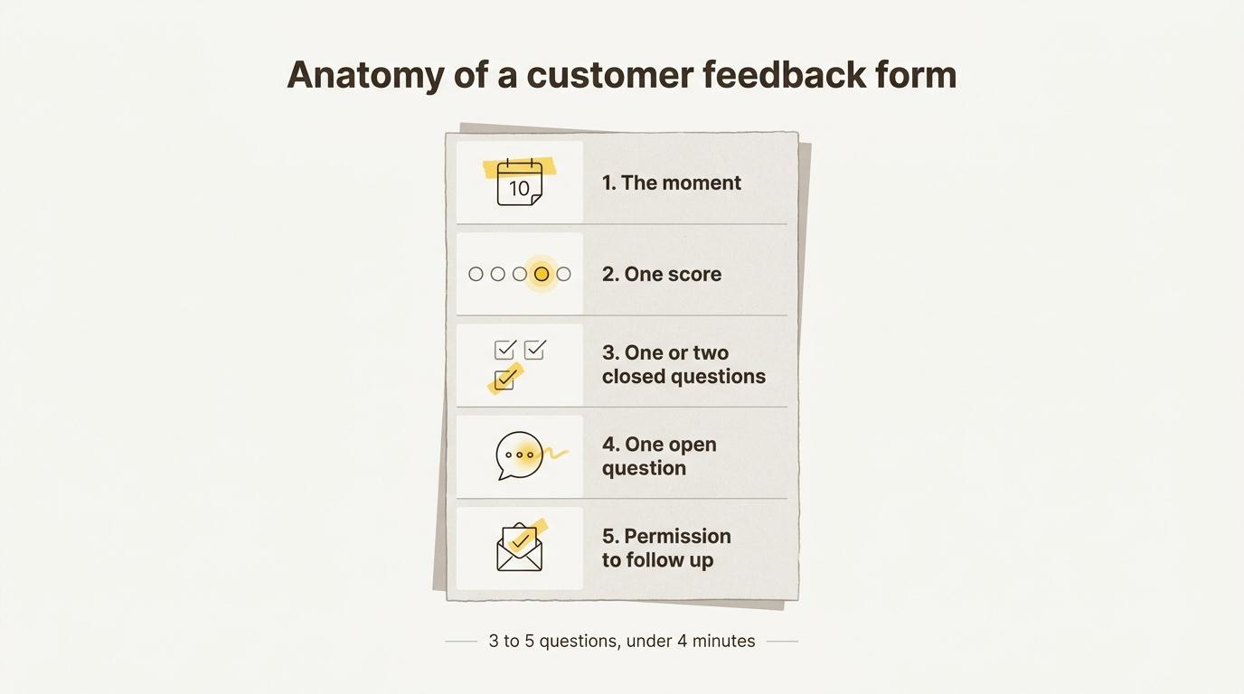 The five parts of a customer feedback form, from the moment it asks about to the permission to follow up