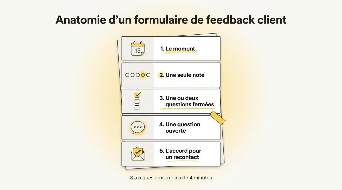 Les cinq parties d’un formulaire de feedback client, du moment dont il parle à l’accord pour un recontact