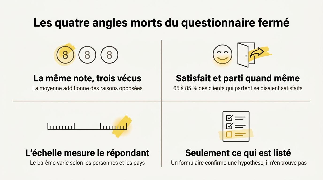 Les quatre angles morts d'un questionnaire de satisfaction fermé, présentés en quatre quadrants