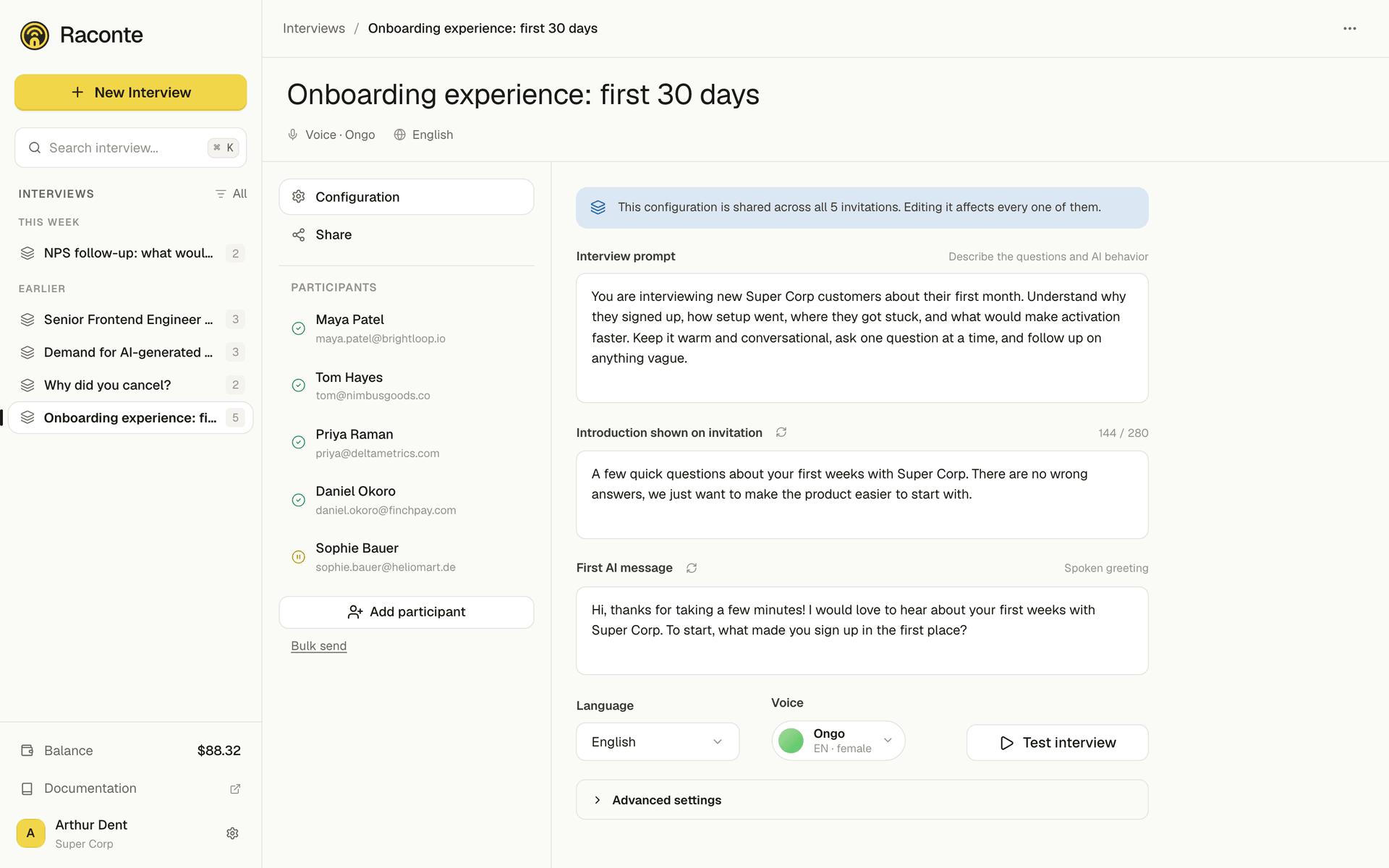 The configuration tab of an interview