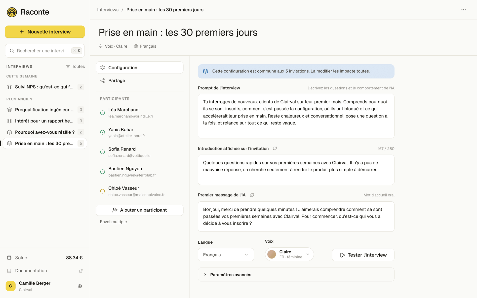 L'onglet de configuration d'une interview