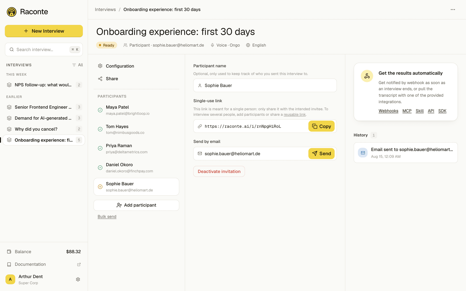 A participant card in the app, with their single-use link and the email send