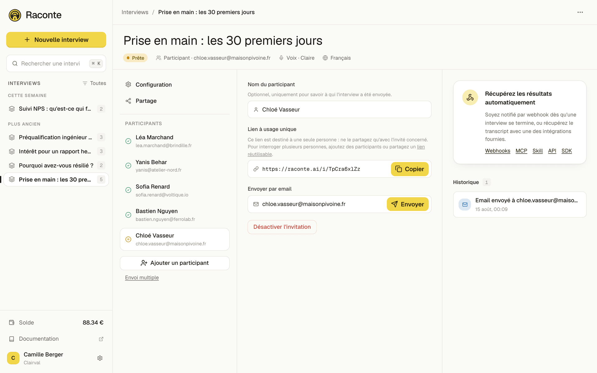 La fiche d'un participant dans l'application, avec son lien à usage unique et l'envoi par email