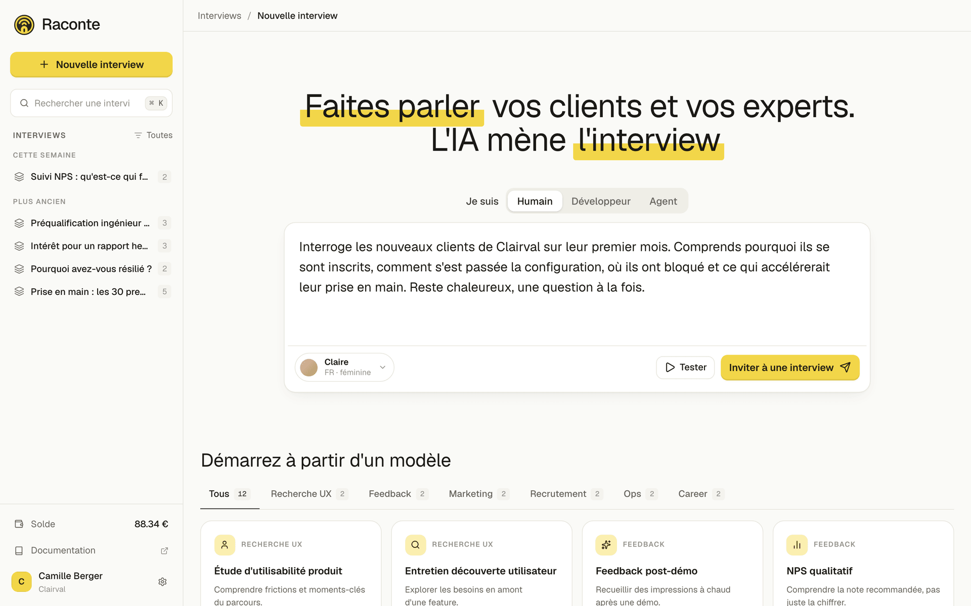 L'écran de création d'interview de Raconte, avec un prompt écrit dans le composeur