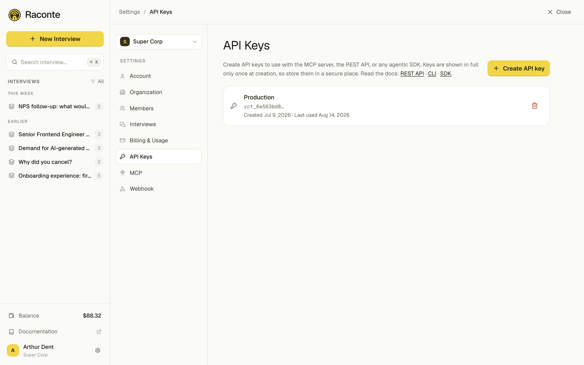 The API keys page in the app, with a key and the Create API key button