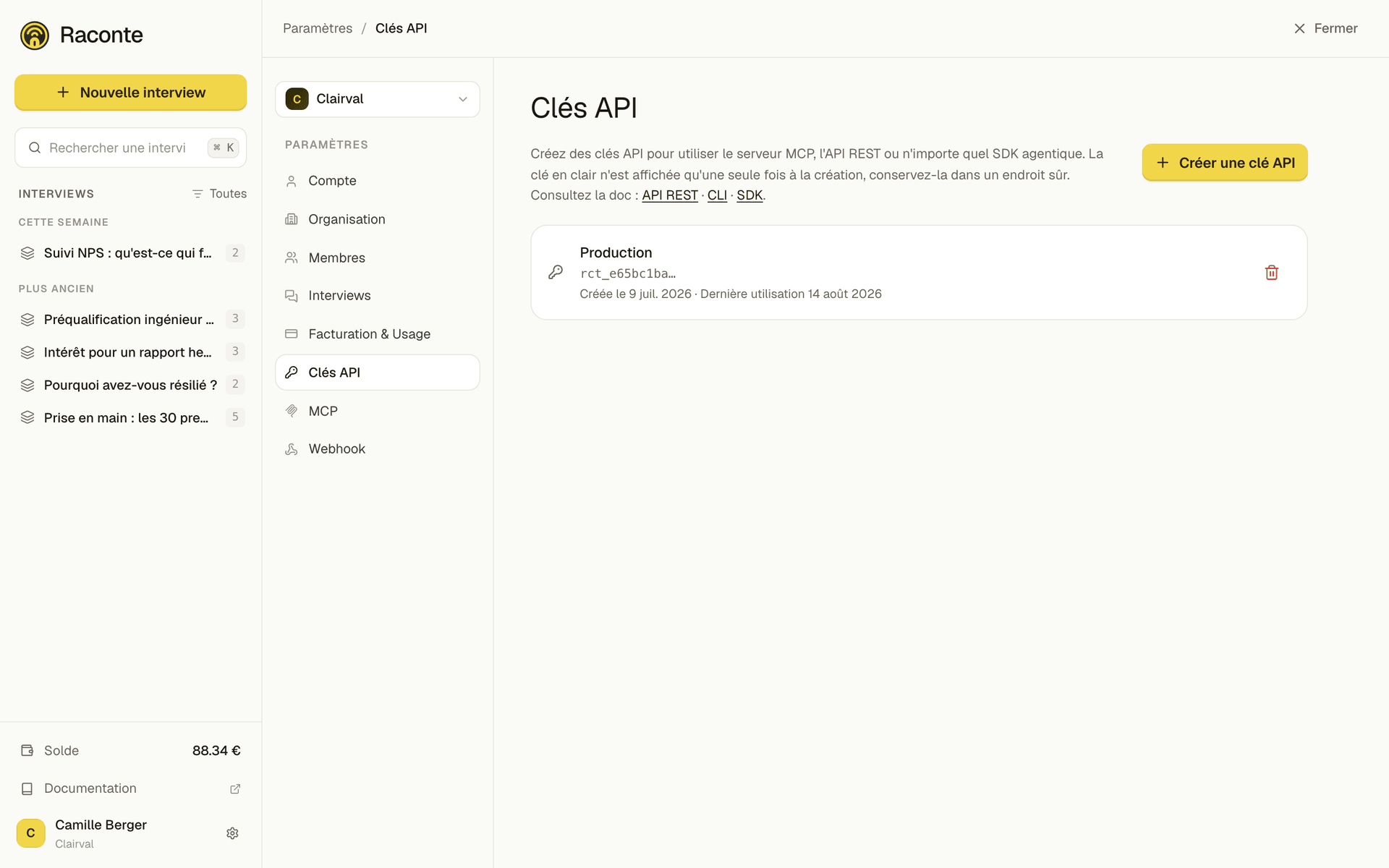La page des clés d'API dans l'application, avec une clé et le bouton Créer une clé API