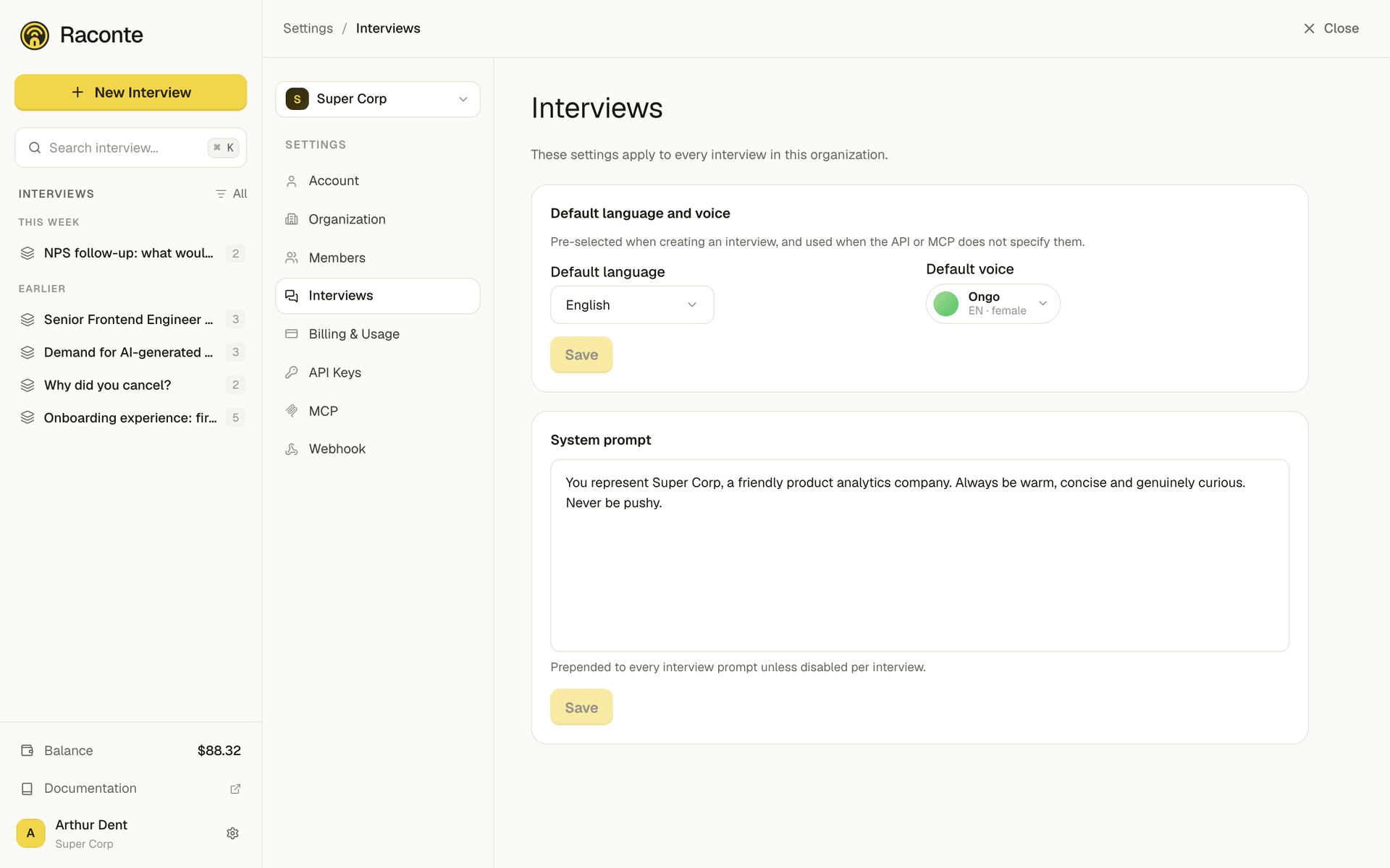 The organization-wide interview settings: default language, default voice and system prompt