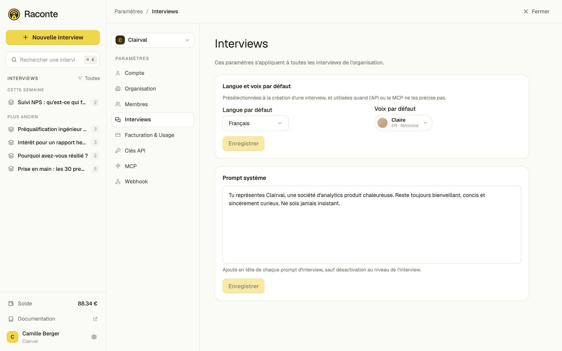 Les réglages d'interview de l'organisation : langue par défaut, voix par défaut et prompt système