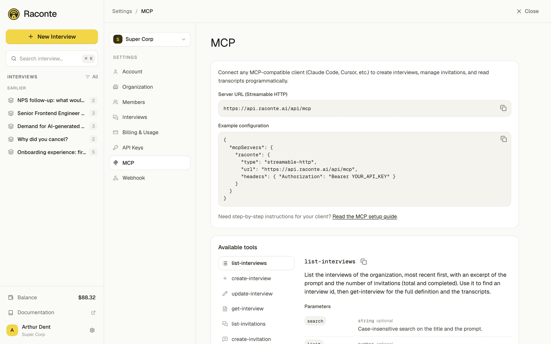 The MCP settings page, with the server URL, an example client config and the tool list