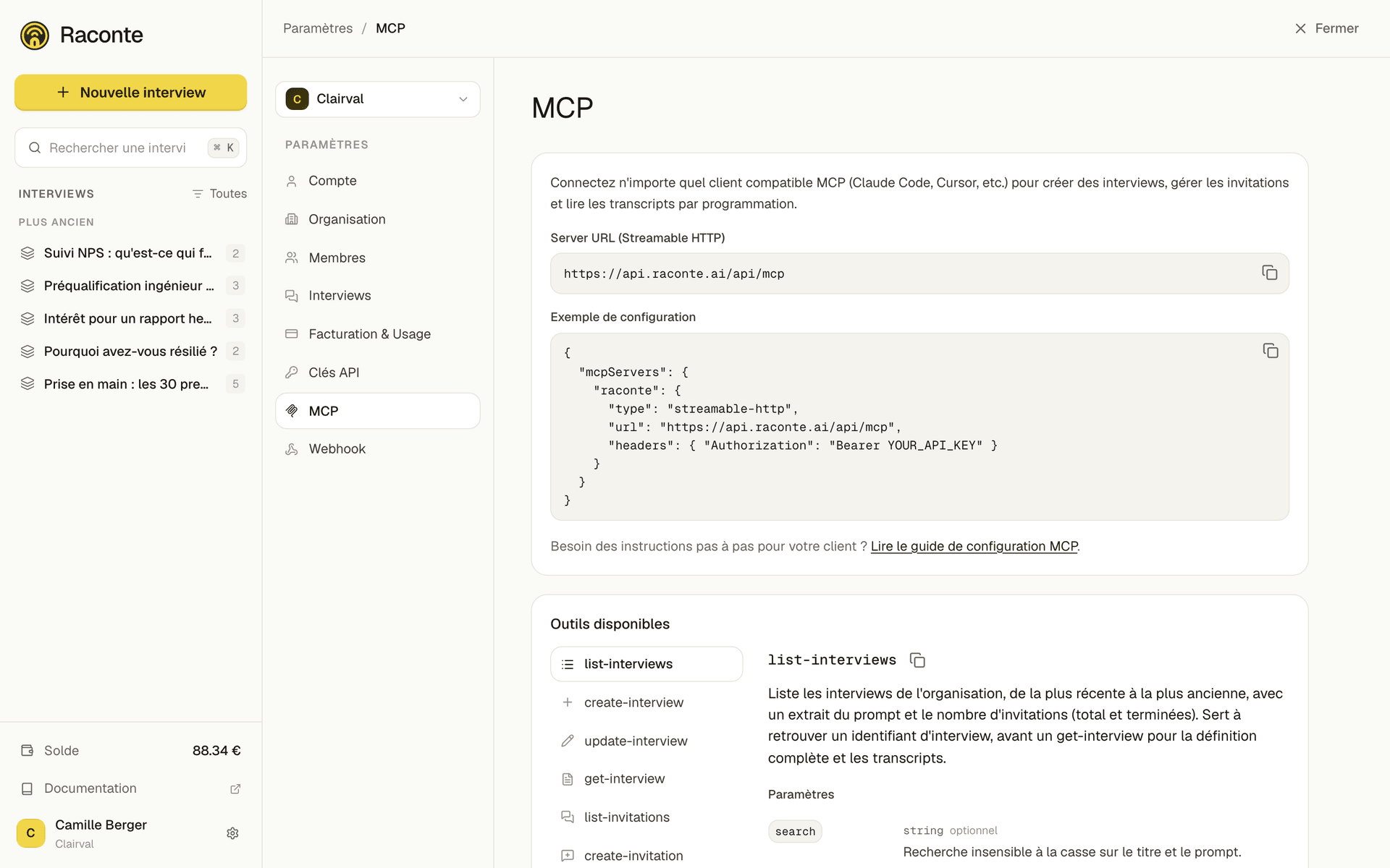 La page de réglages MCP, avec l'URL du serveur, un exemple de configuration client et la liste des outils