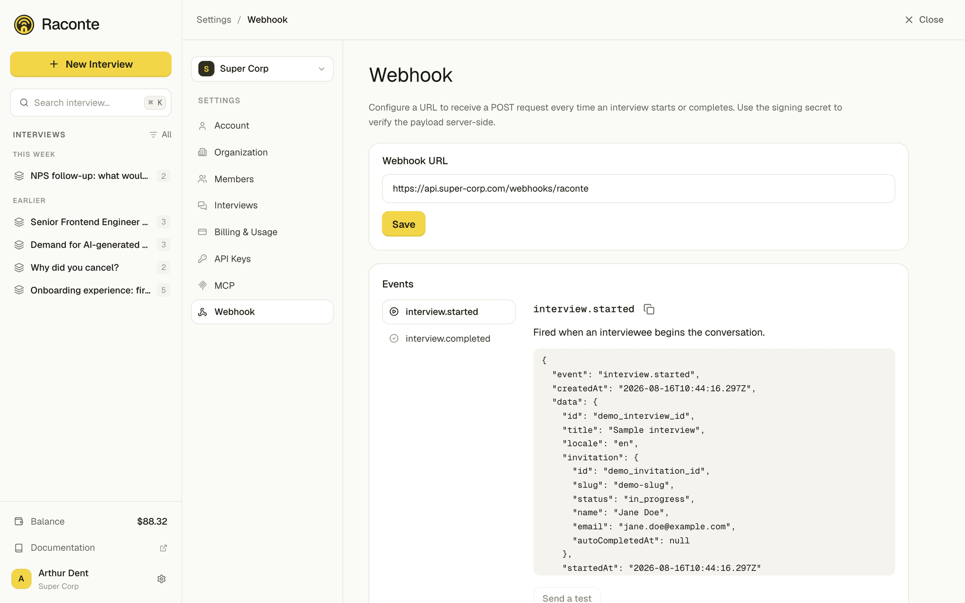 The webhook settings page, with the endpoint URL and the payload of interview.started