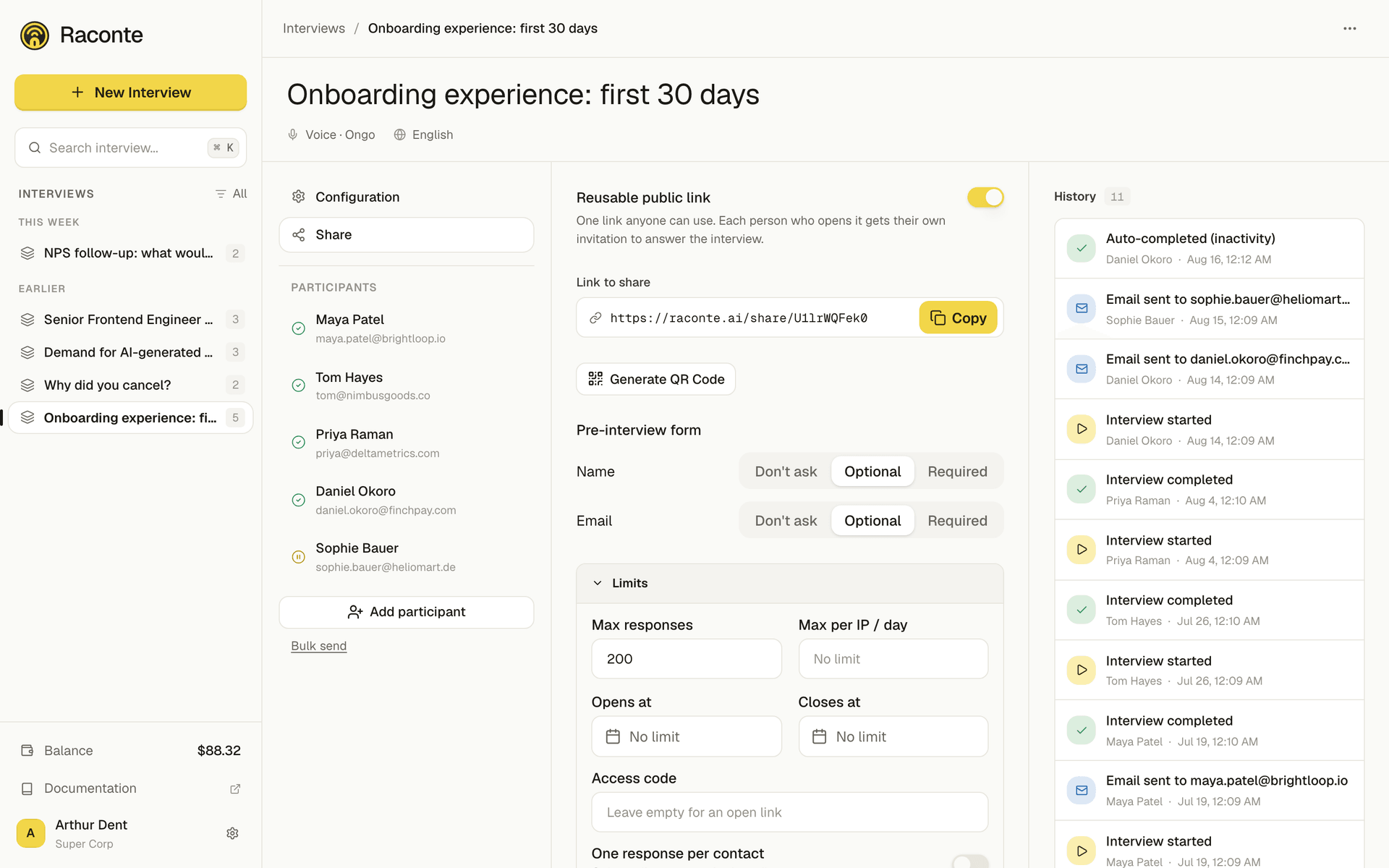 The Share tab of an interview, with the reusable public link enabled