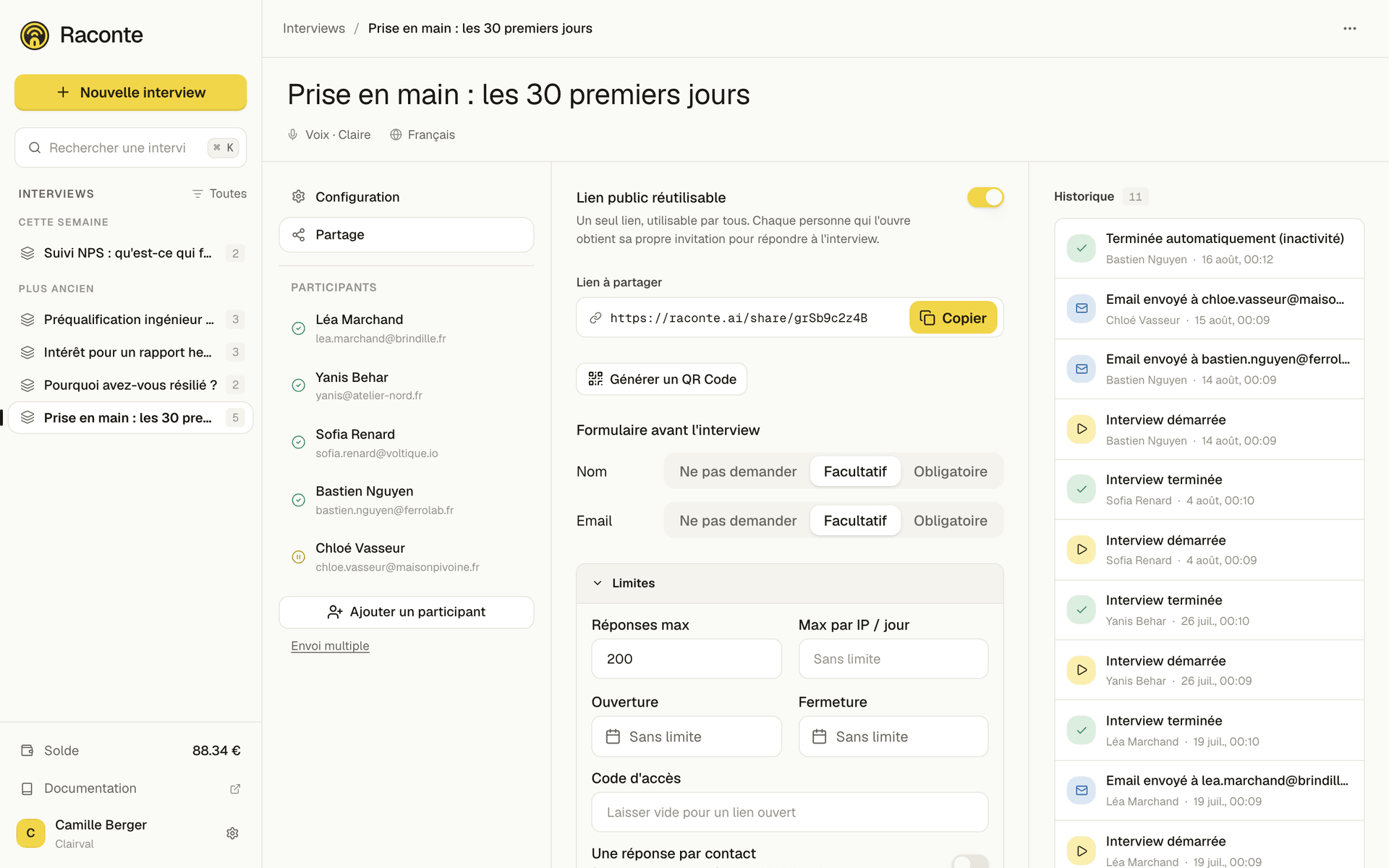 L'onglet Partage d'une interview, avec le lien public réutilisable activé