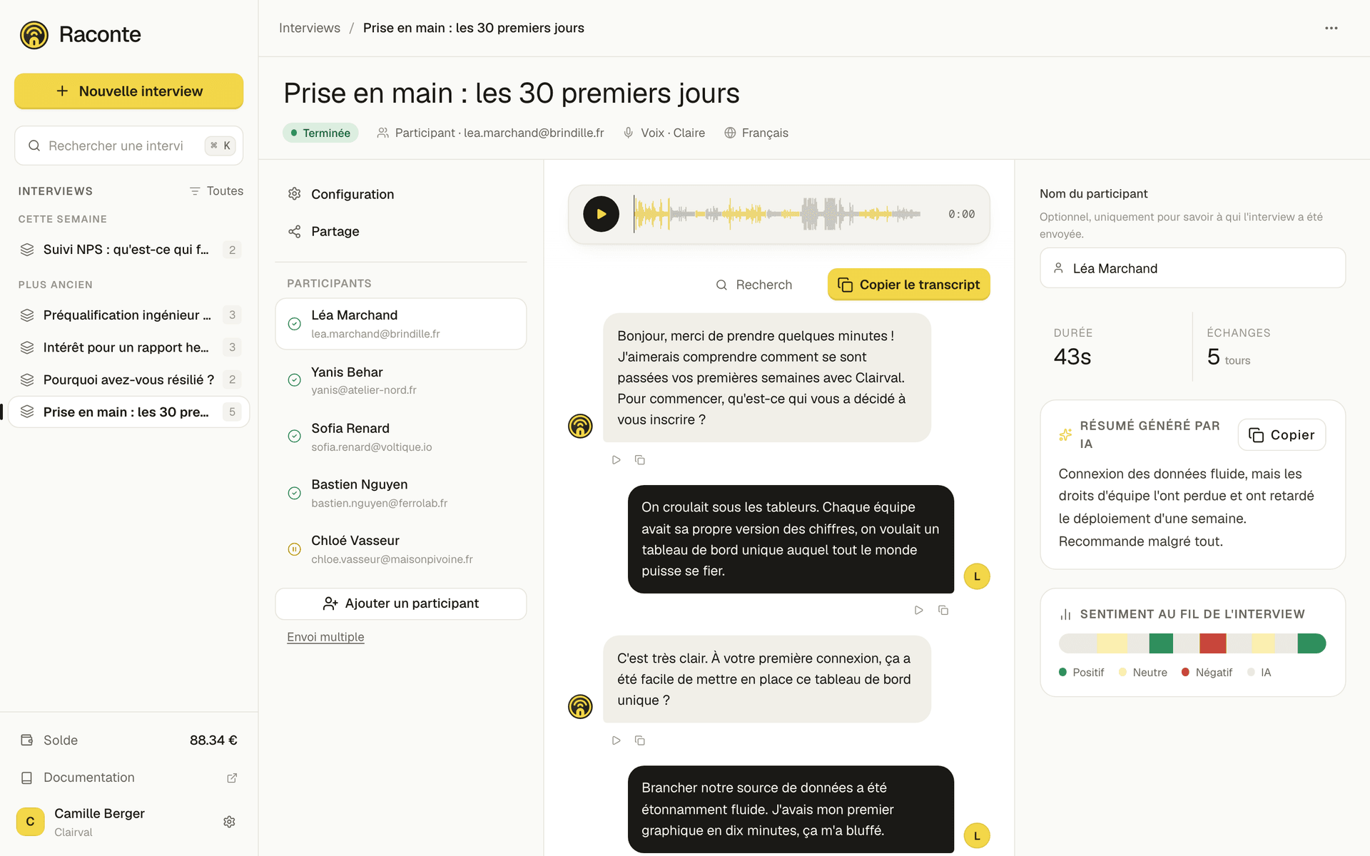 Le transcript d'une interview avec les participants, le résumé IA et la courbe de sentiment