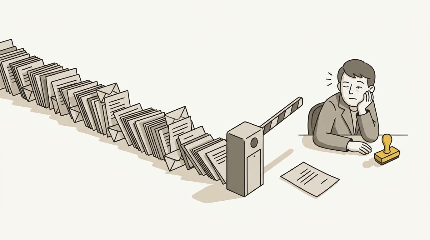 A single gate with a queue of items backing up behind it, a stamp resting beside the reviewer
