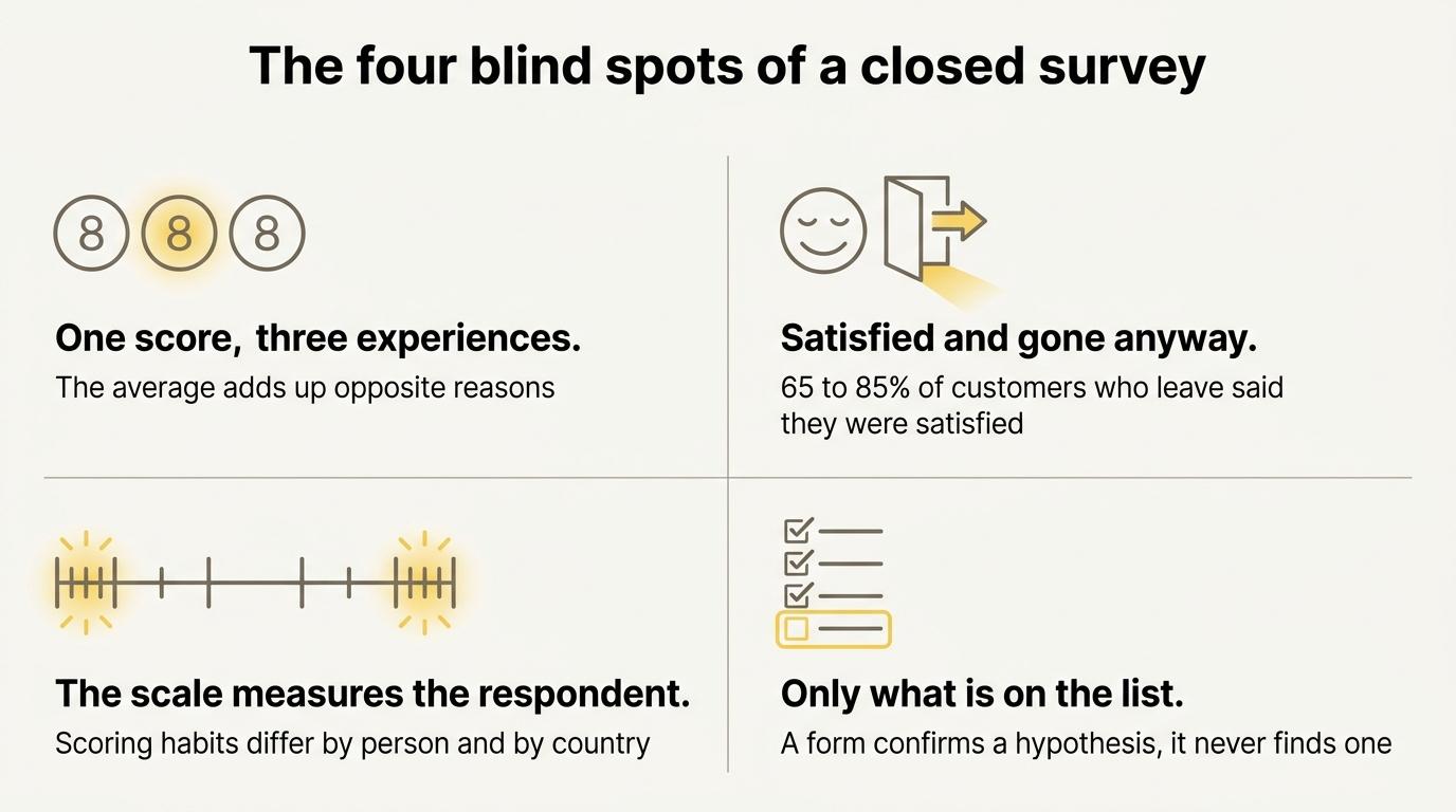 The four blind spots of a closed customer satisfaction survey, laid out in four quadrants