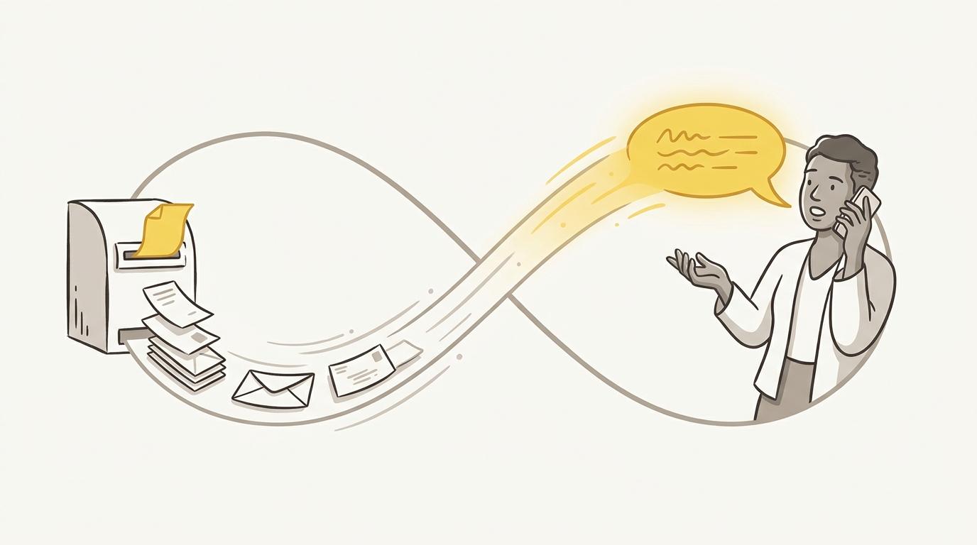 A spoken reply travelling back into a loop that feeds an agent's next run