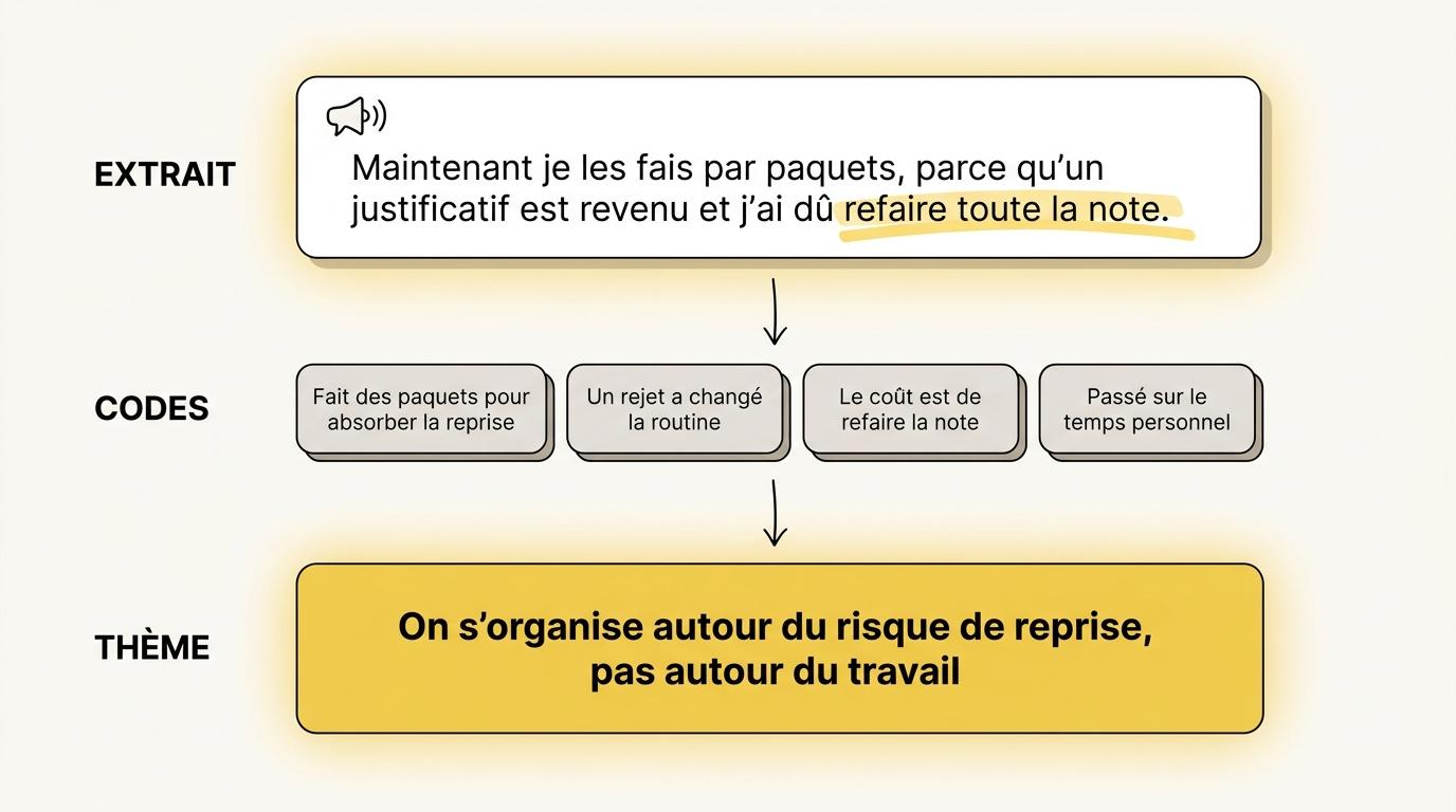 Un extrait d’interview, les quatre codes qu’il produit et le thème qu’ils construisent