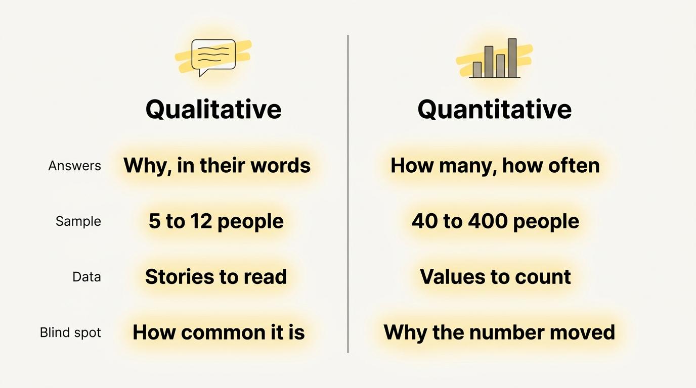 Qualitative and quantitative research compared on what they answer, their sample, their data and their blind spot