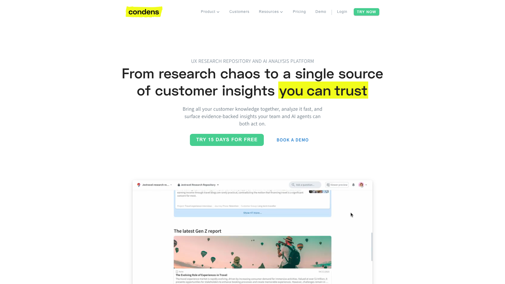 Screenshot of the Condens homepage