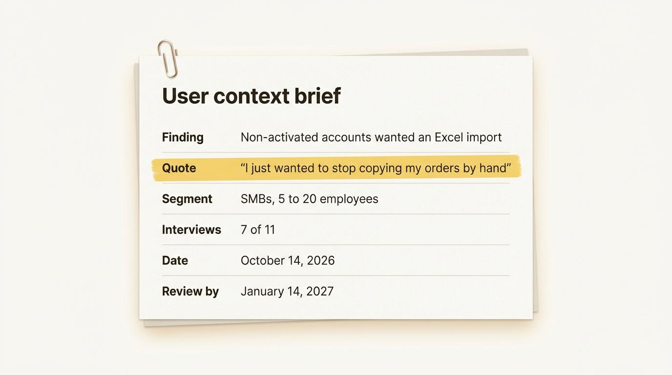 A user context brief with its six fields: finding, quote, segment, number of interviews, date and review date