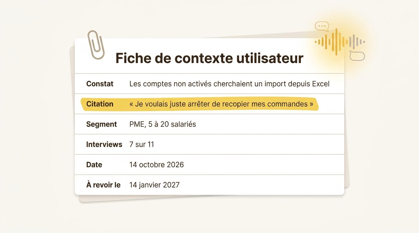 Une fiche de contexte utilisateur avec ses six champs : constat, citation, segment, nombre d’interviews, date et date de révision