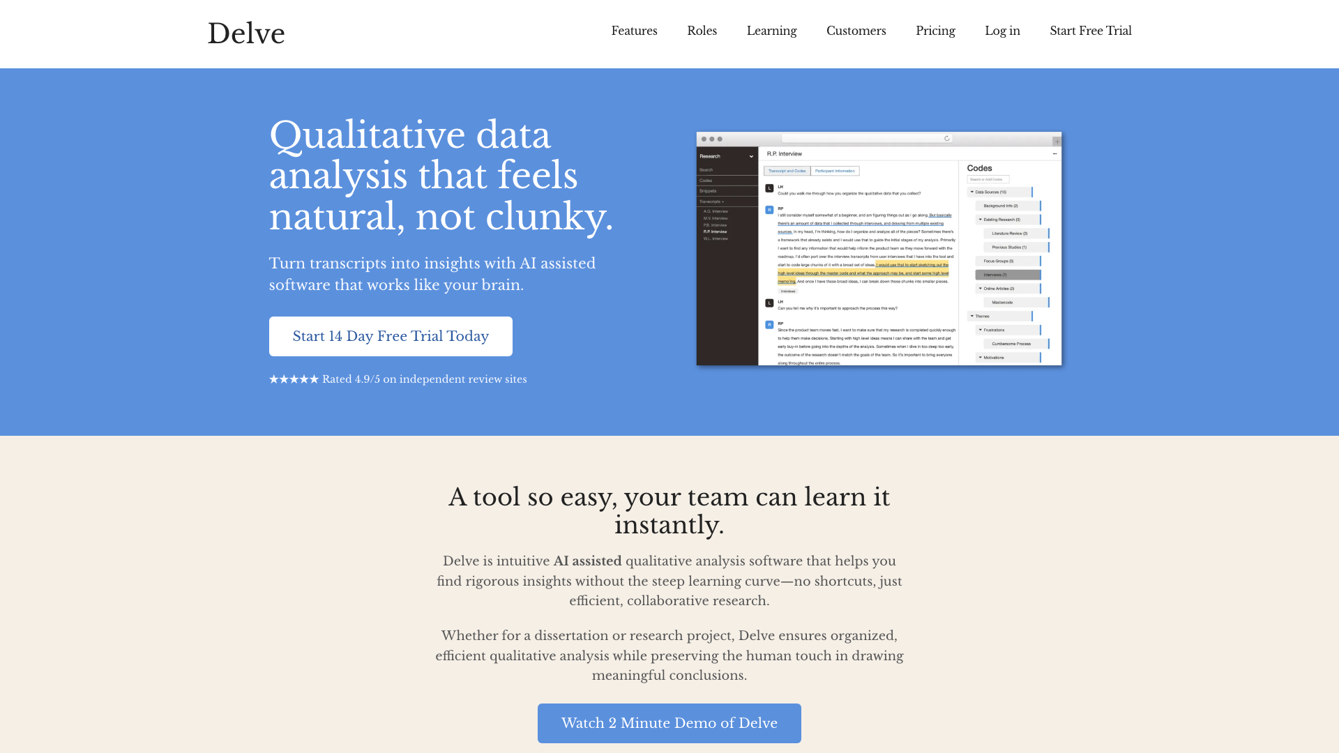 Screenshot of the Delve homepage