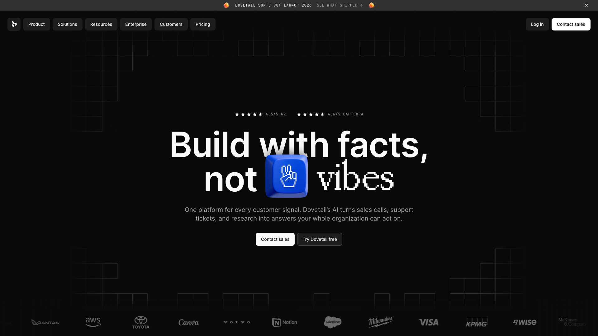 Screenshot of the Dovetail homepage