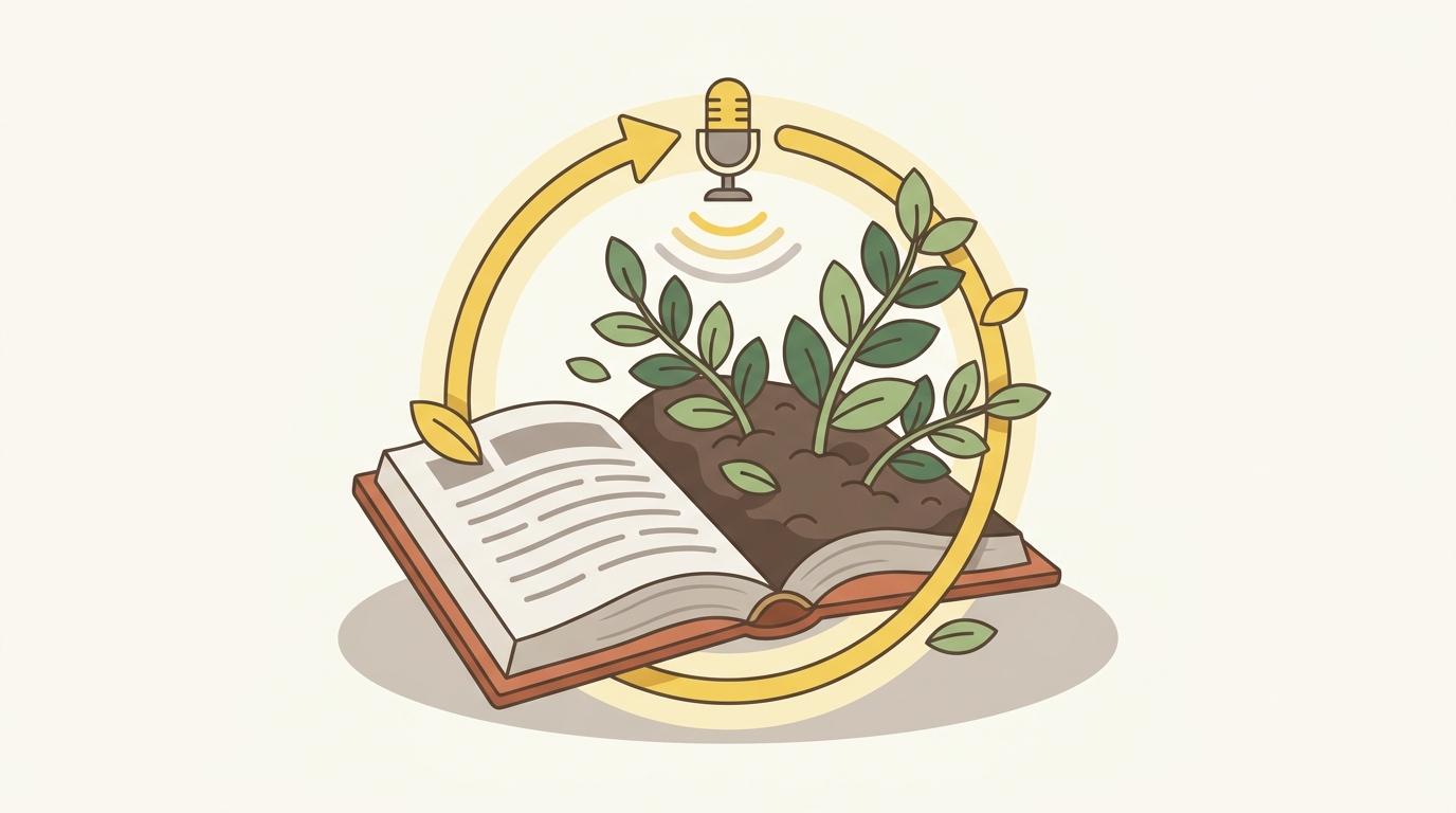Evergreen content growing from a book, kept fresh by a recurring cycle of interviews