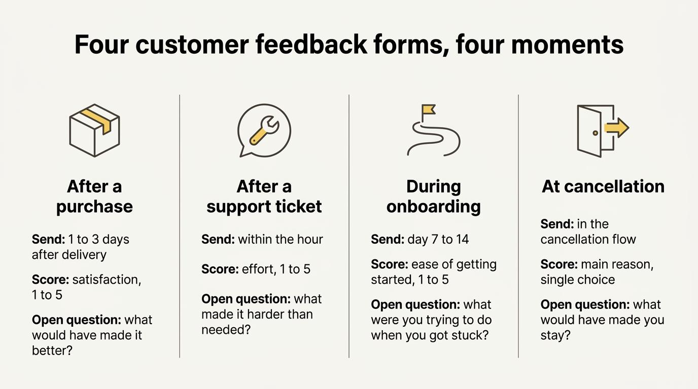 The four customer feedback form templates side by side, with when to send each one, its score and its open question
