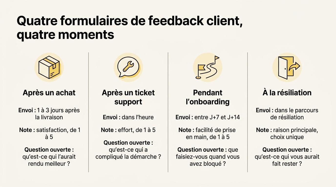 Les quatre modèles de formulaire de feedback client côte à côte, avec le moment d’envoi, la note et la question ouverte de chacun