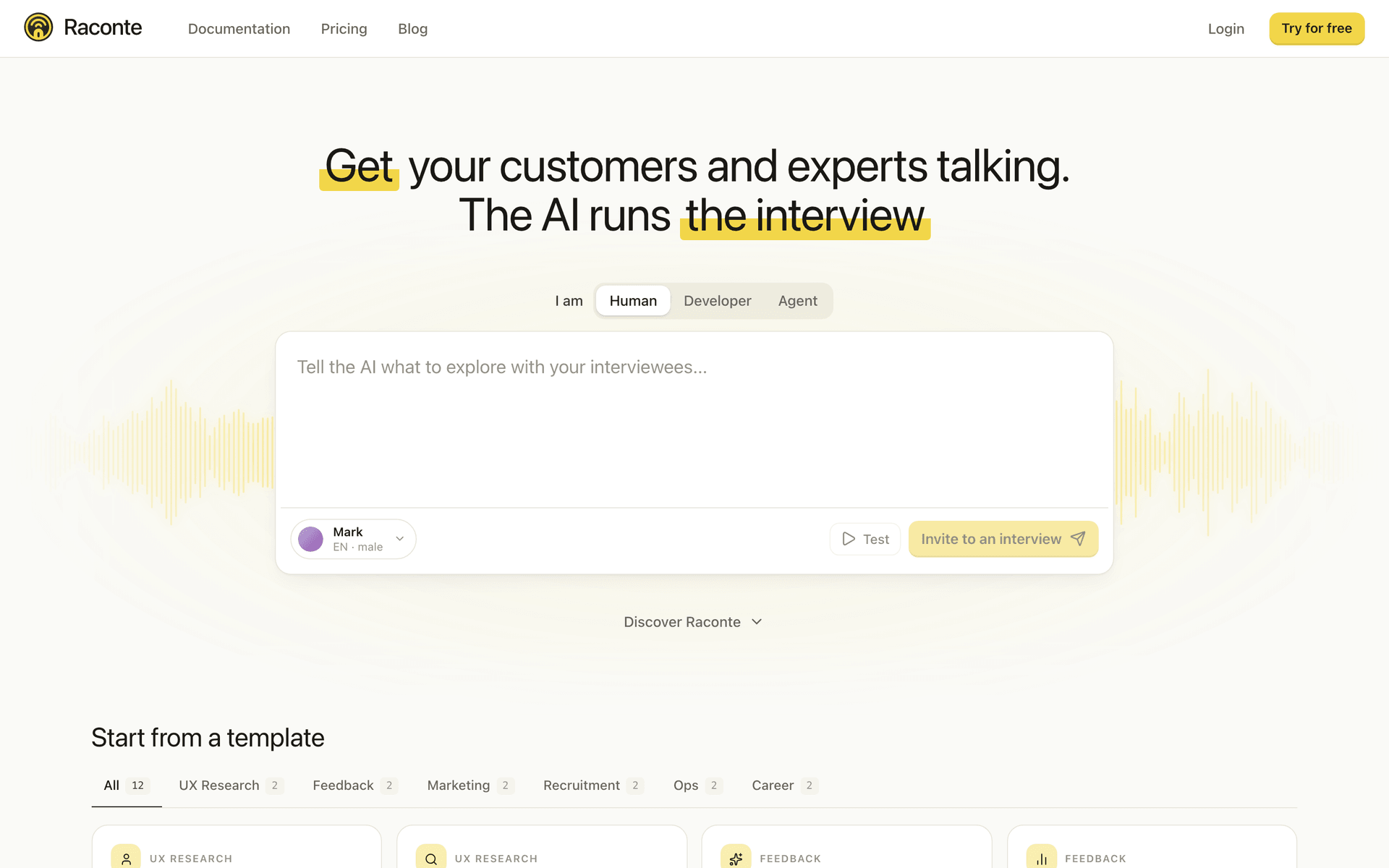 Screenshot of the Raconte homepage