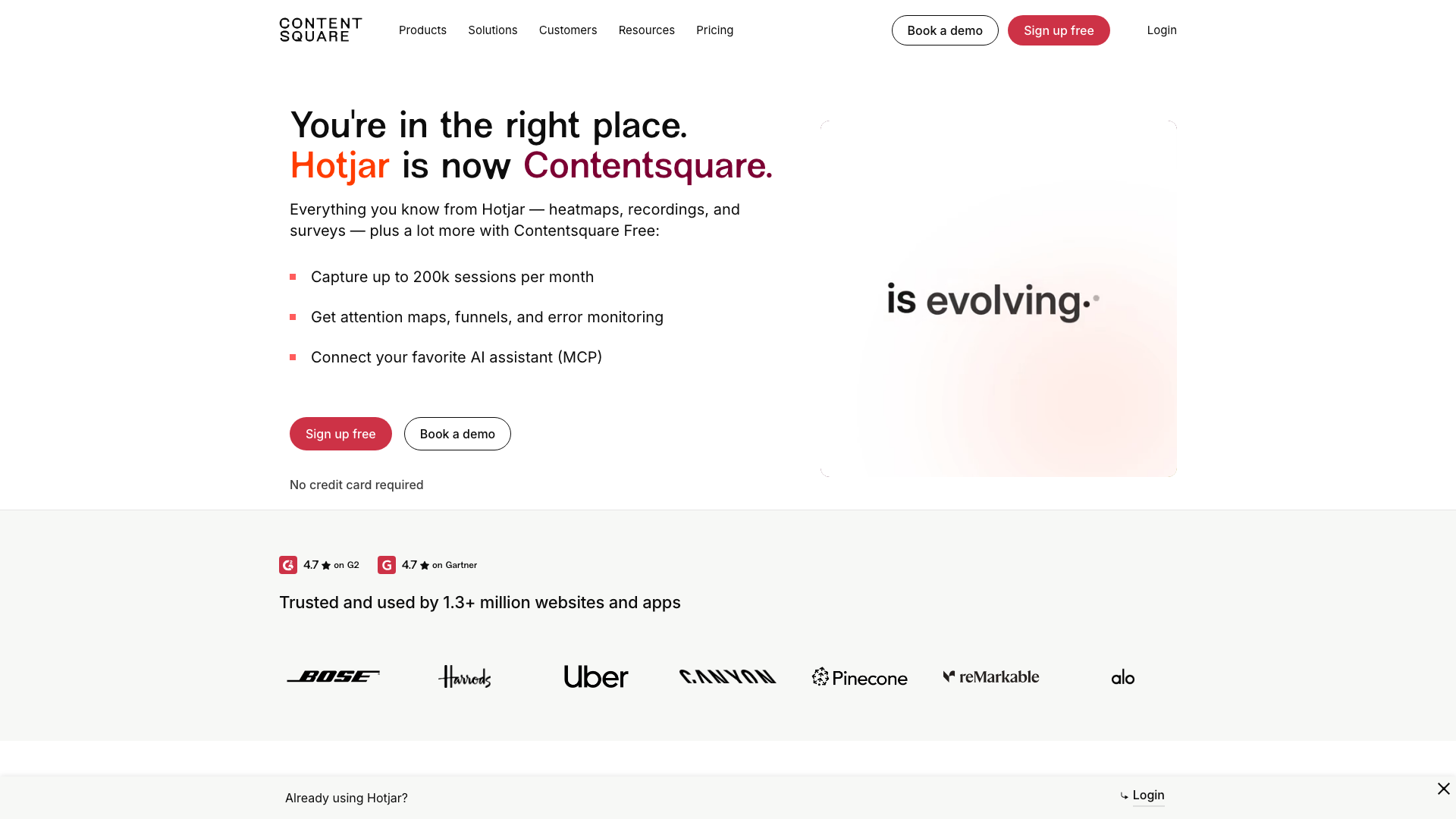 Screenshot of the Hotjar page on the Contentsquare site