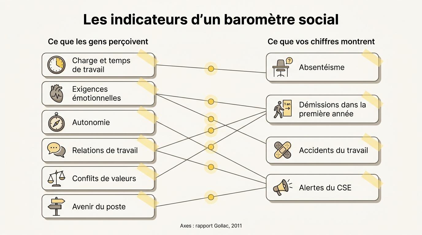Les six axes de perception du rapport Gollac, croisés avec quatre indicateurs RH : absentéisme, démissions dans la première année, accidents du travail et alertes du CSE
