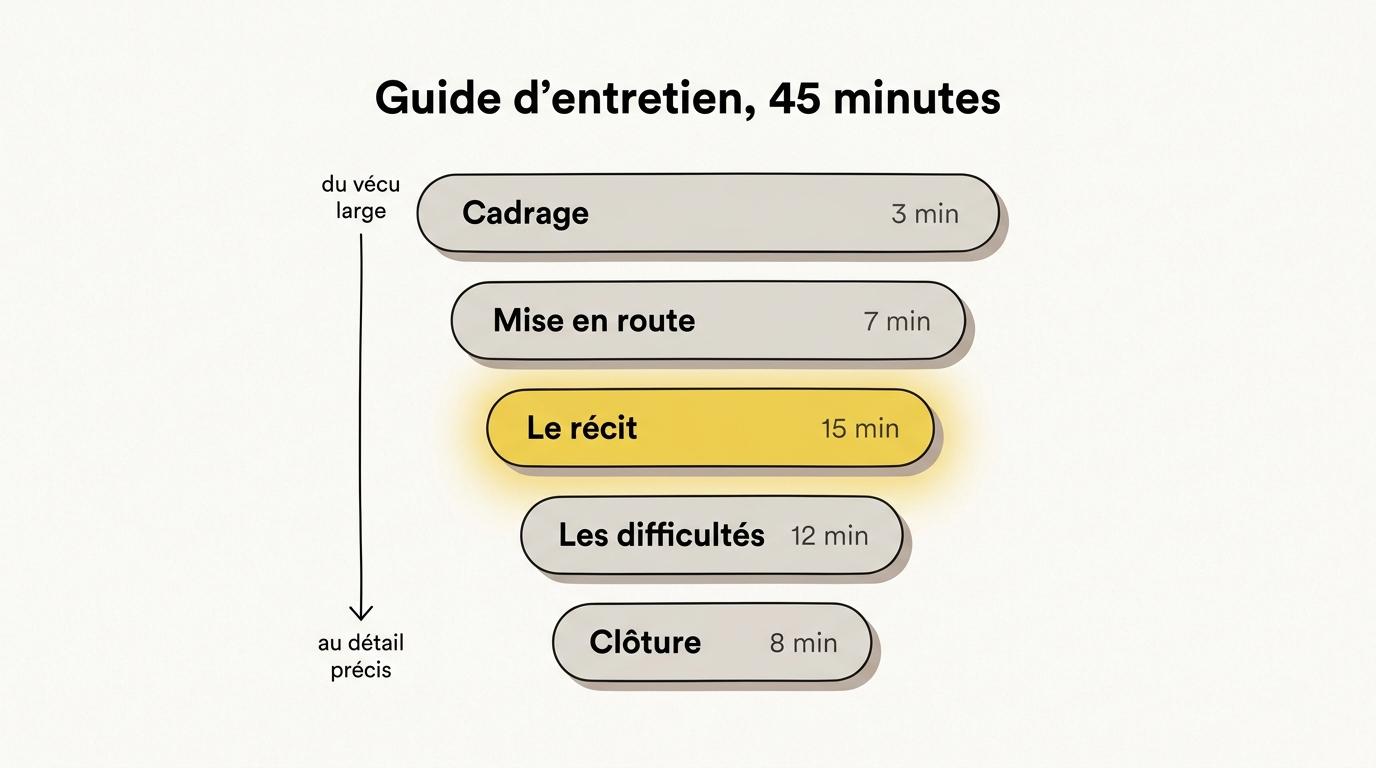 Les cinq blocs d'un guide d'entretien de 45 minutes, en entonnoir du vécu large vers le détail précis