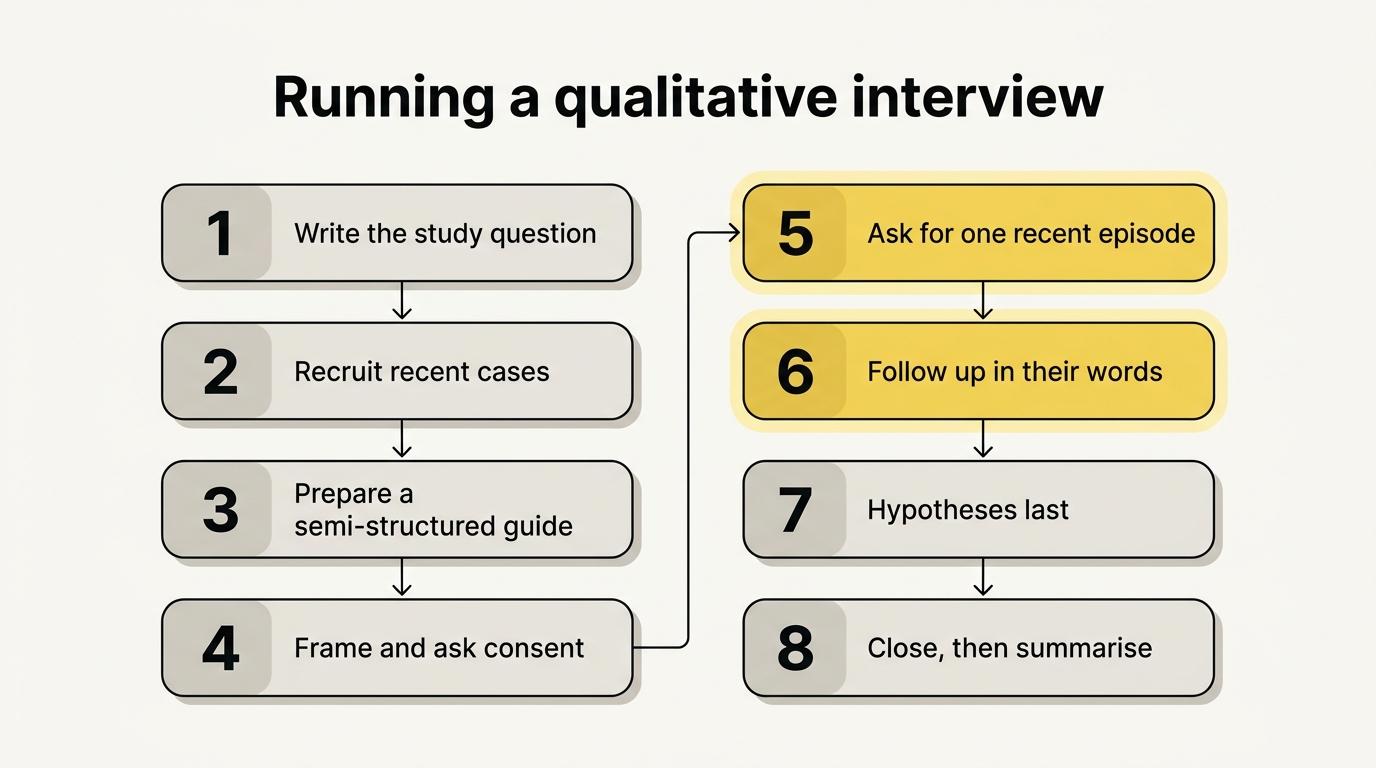 The eight steps of a qualitative interview, from the study question to the summary written after the call