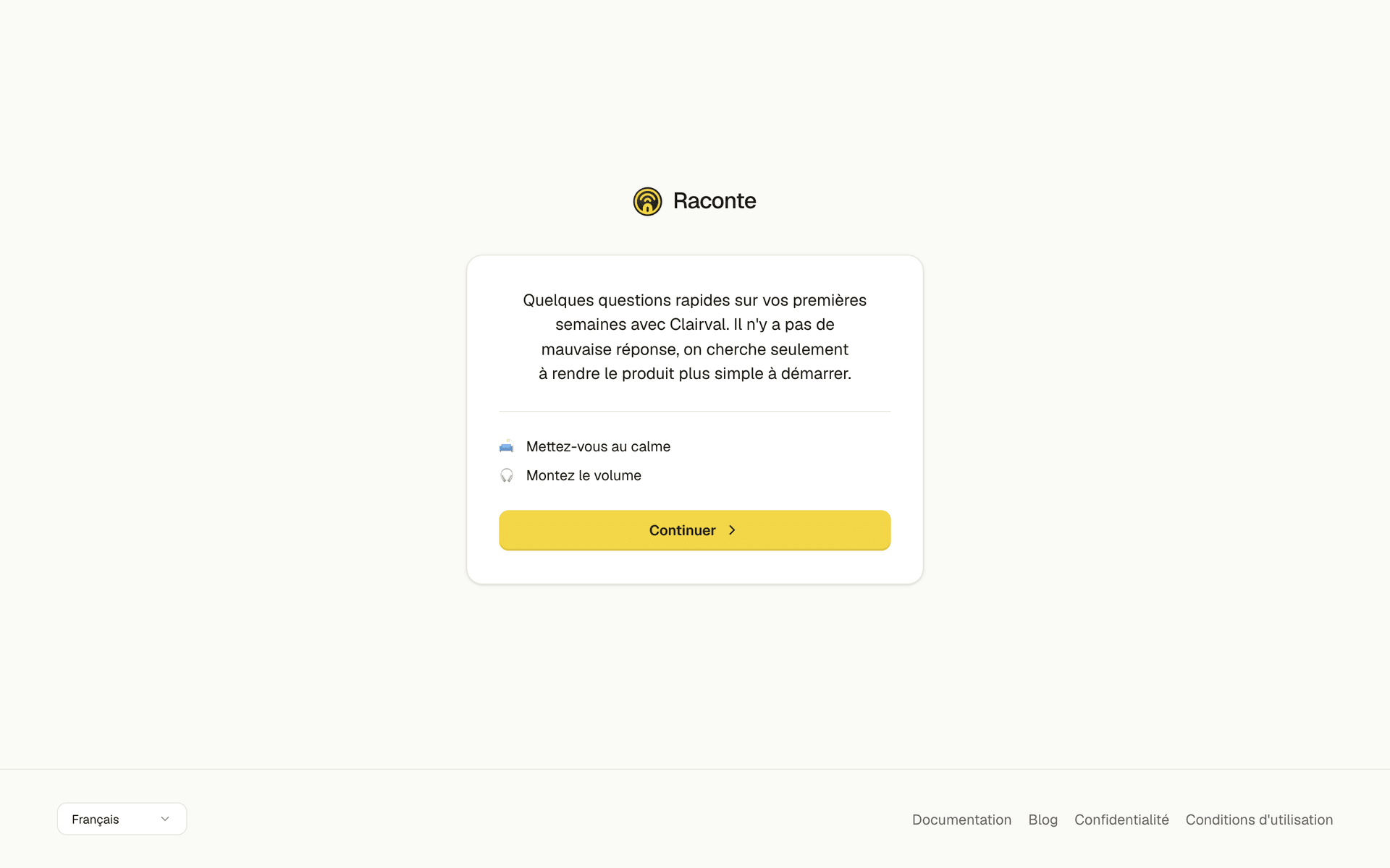 La page d'interview vue par un participant, avec l'intro et le bouton pour démarrer