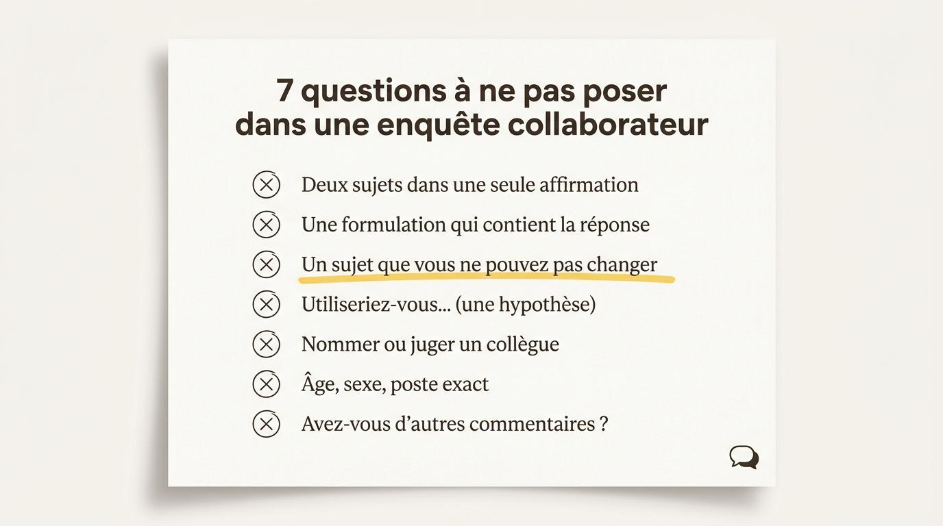 Sept sortes de questions à ne pas poser dans une enquête collaborateur, de l’affirmation qui porte sur deux sujets au « Avez-vous d’autres commentaires ? » final
