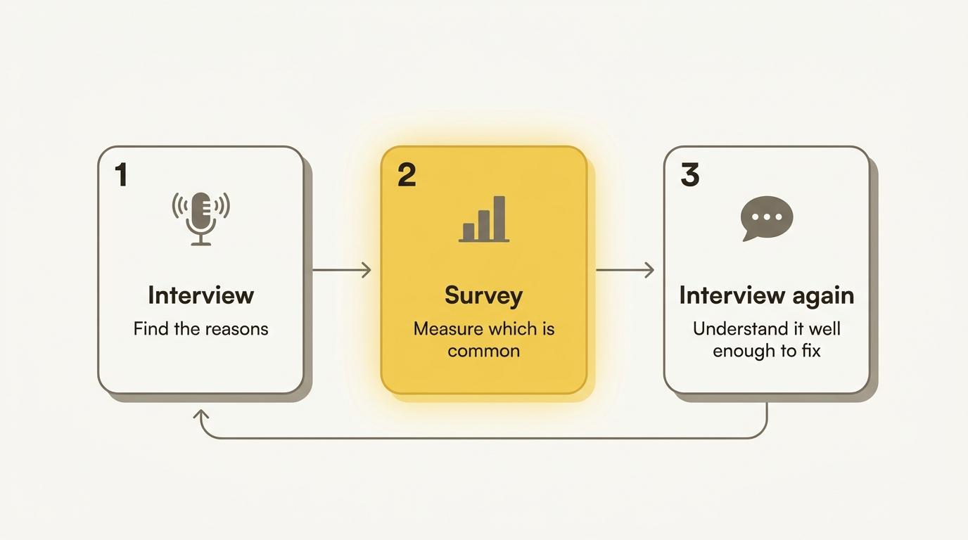 The mixed methods loop: interview to find the reasons, survey to measure which is common, interview again to understand it