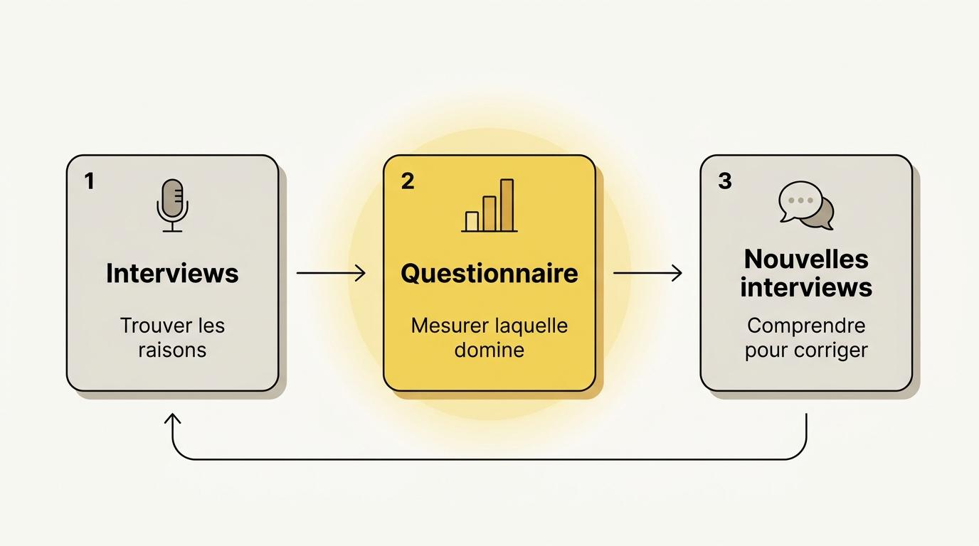 La boucle des méthodes mixtes : des interviews pour trouver les raisons, un questionnaire pour mesurer laquelle domine, de nouvelles interviews pour la comprendre