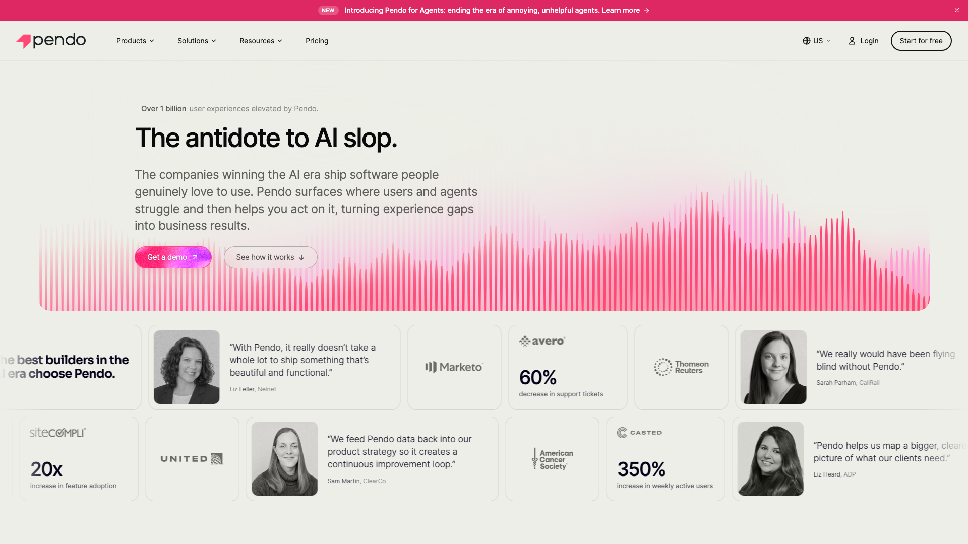 Screenshot of the Pendo homepage