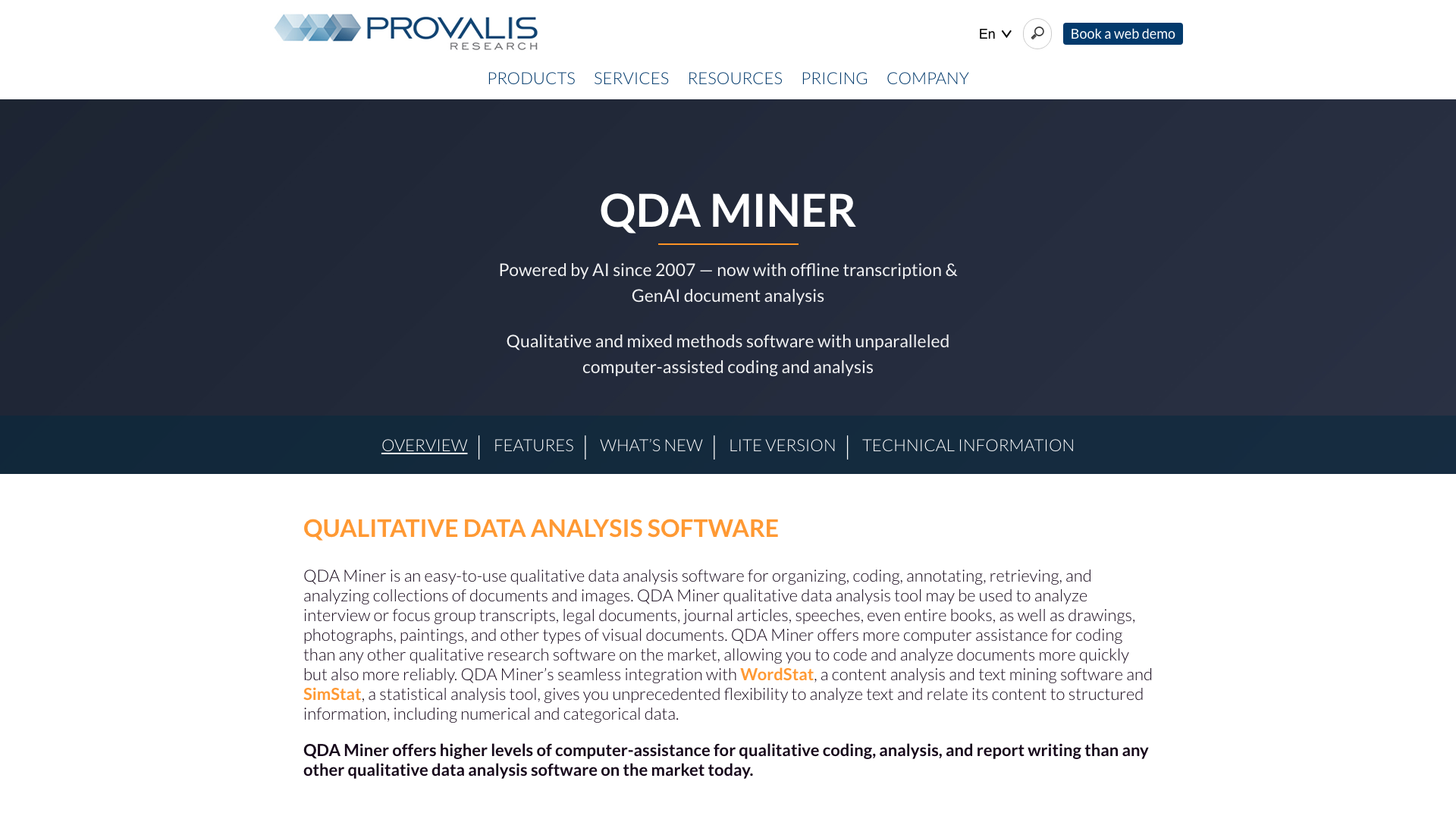 Screenshot of the QDA Miner page on the Provalis Research site