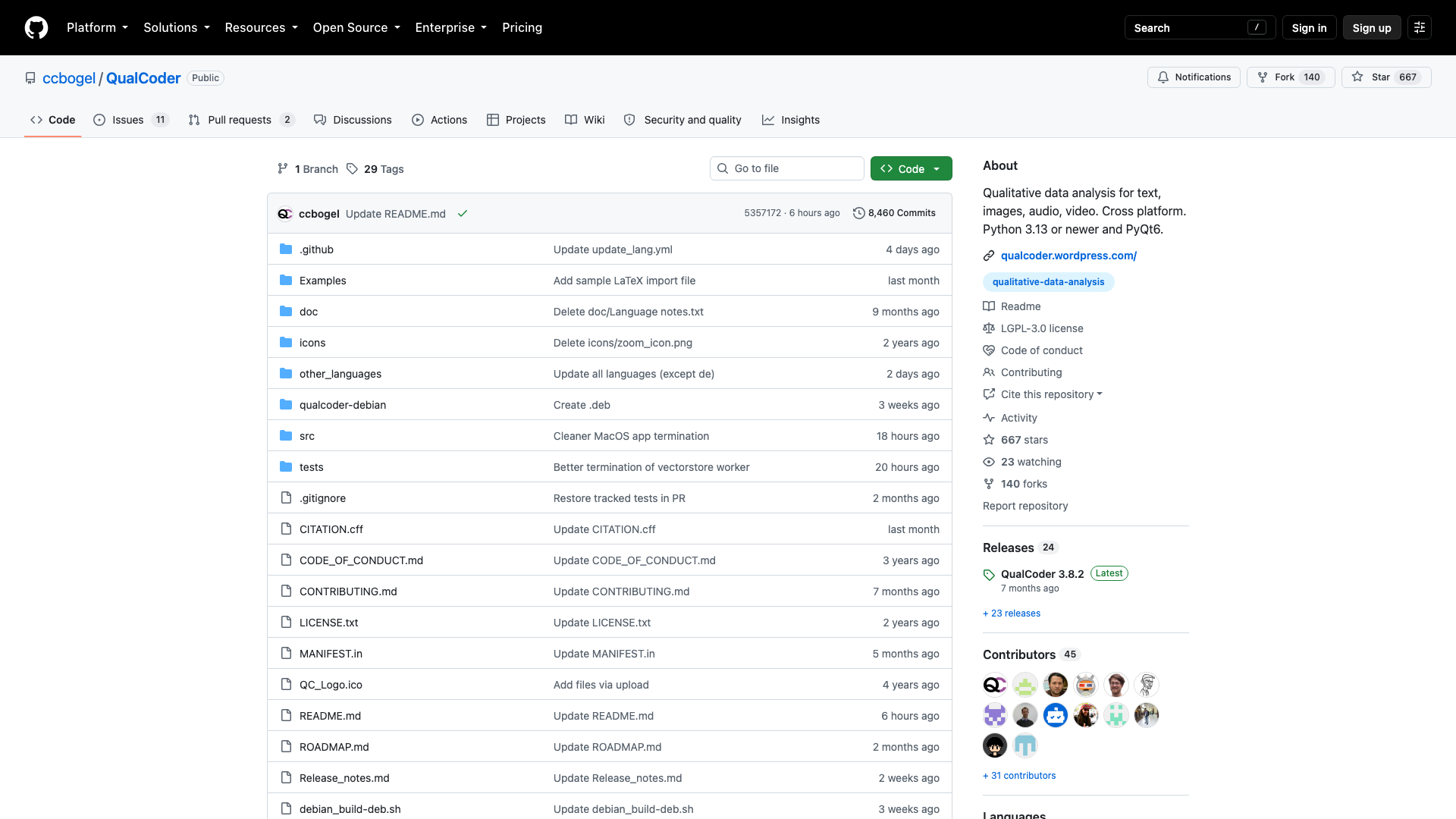 Screenshot of the QualCoder repository on GitHub