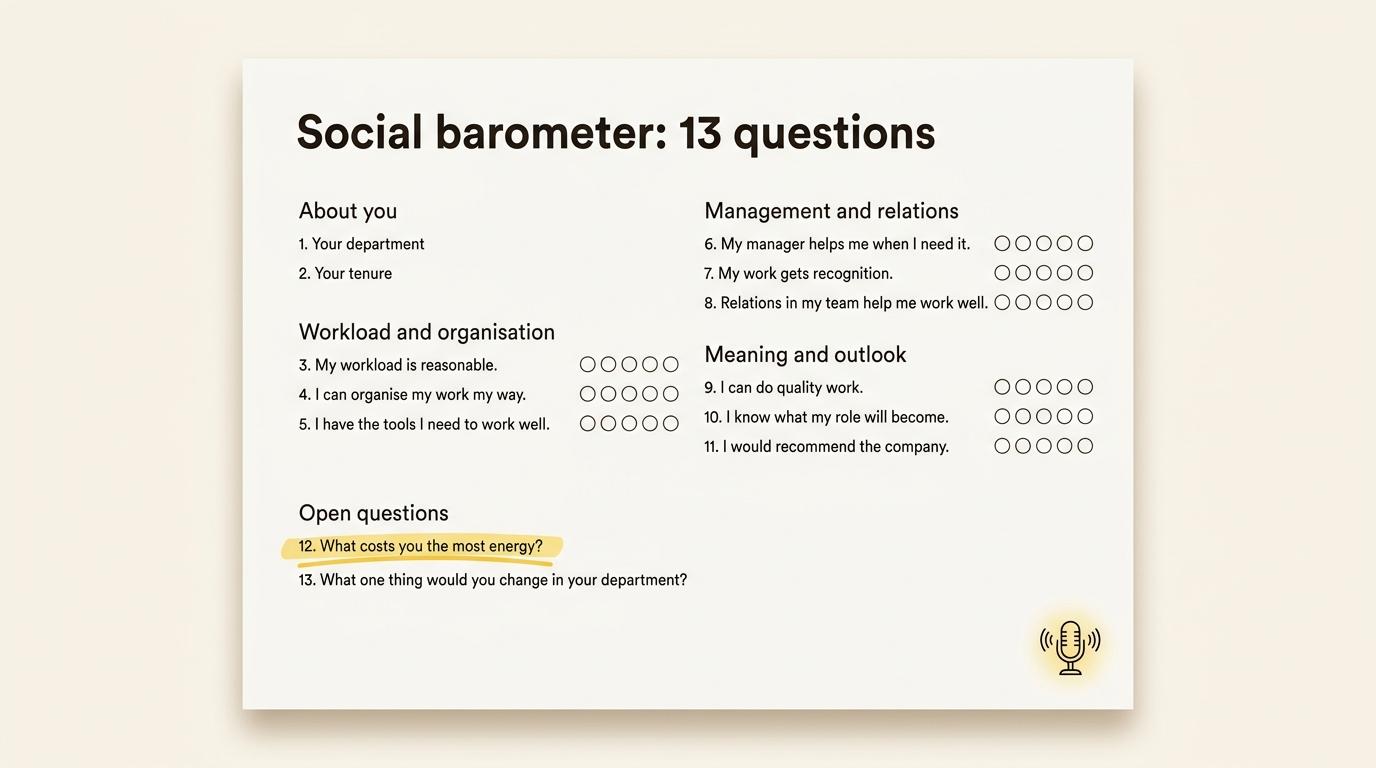 A sample 13-question social barometer, with rating scales and two open questions