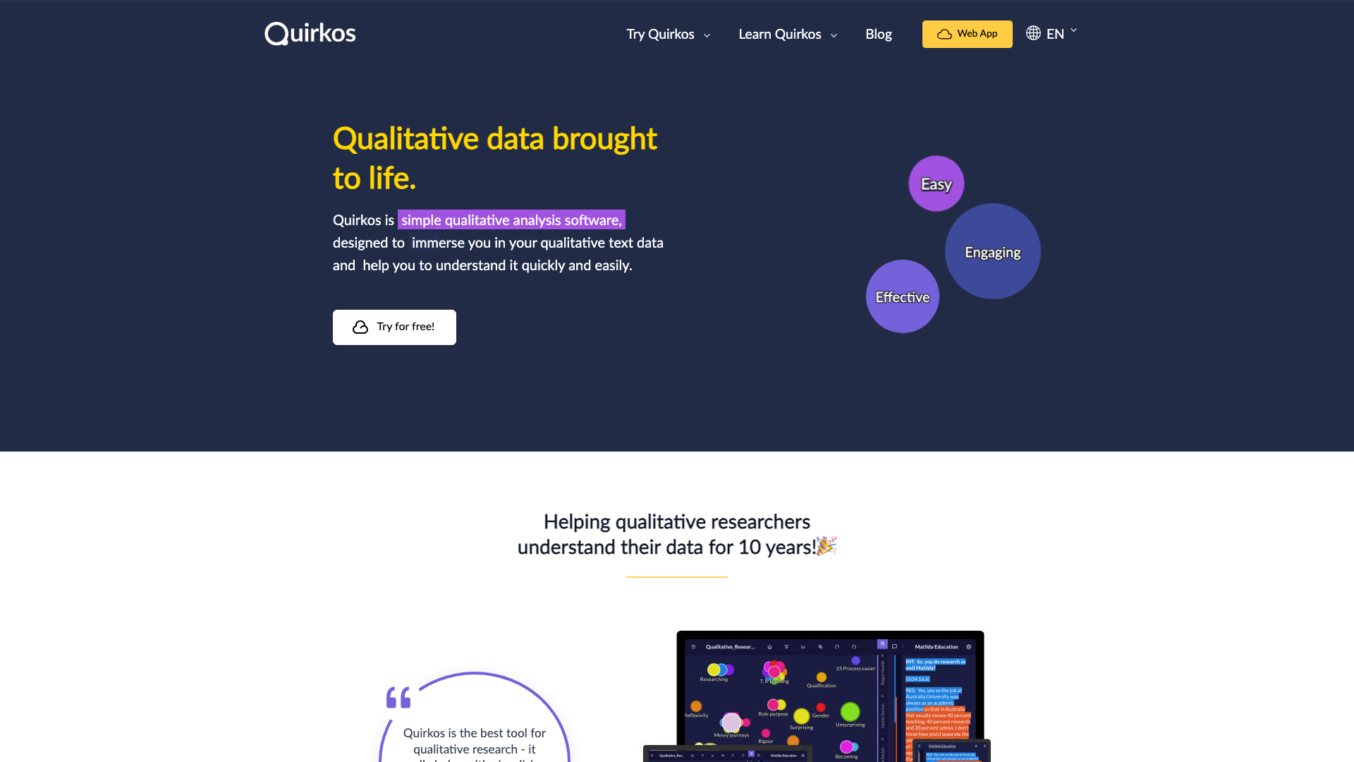 Screenshot of the Quirkos homepage