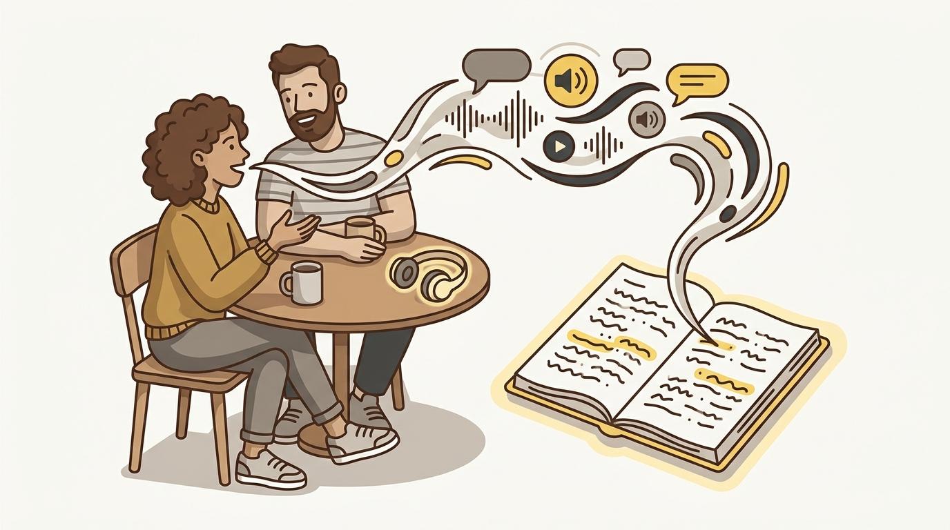A spoken conversation flowing into the pages of a notebook
