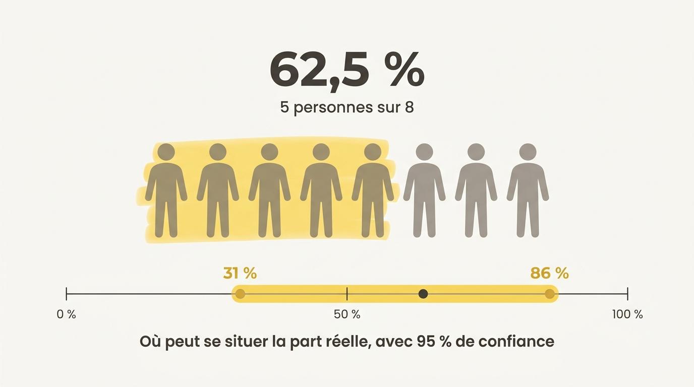 Cinq personnes sur huit font 62,5 %, avec un intervalle de confiance à 95 % qui va de 31 % à 86 %