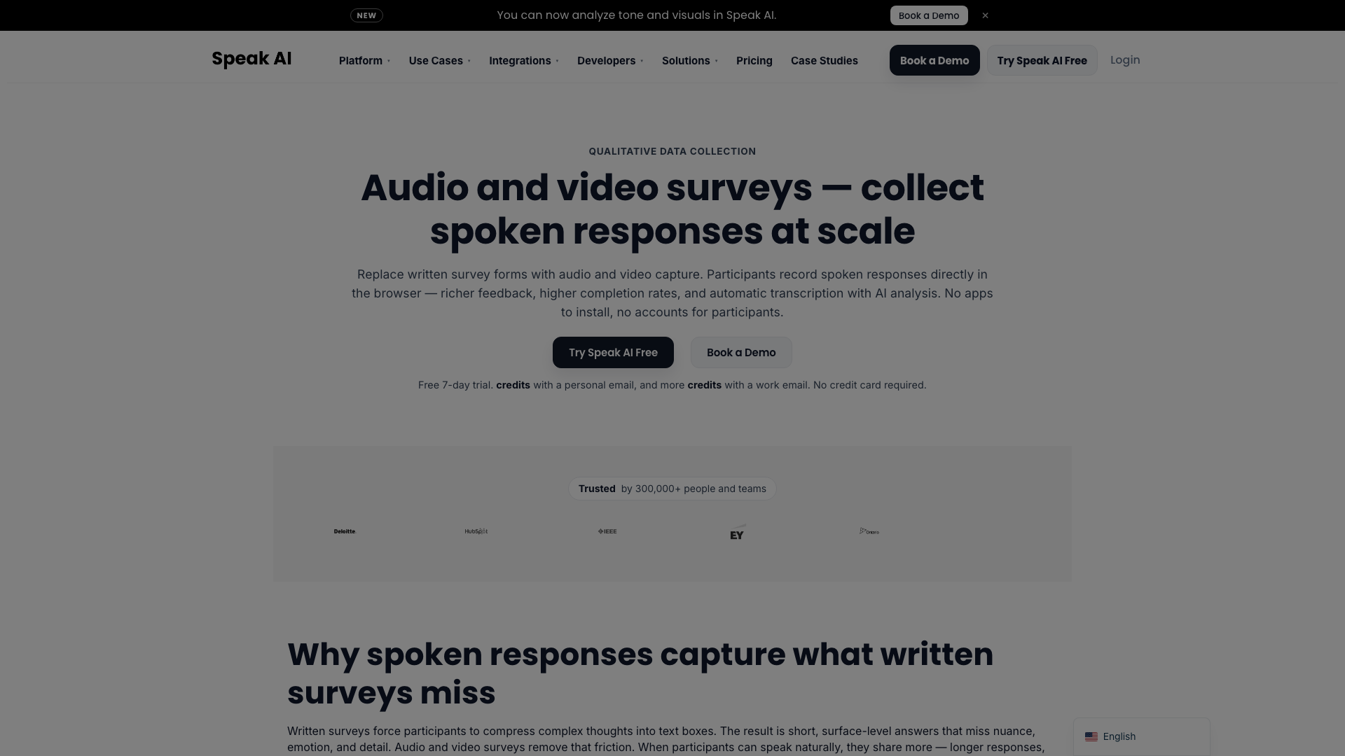 Screenshot of the Speak AI audio and video surveys page