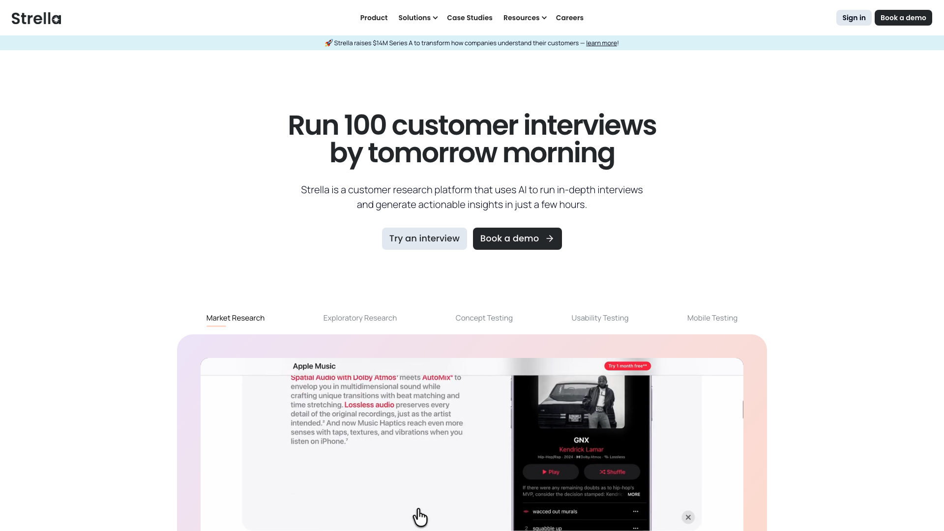 Screenshot of the Strella homepage