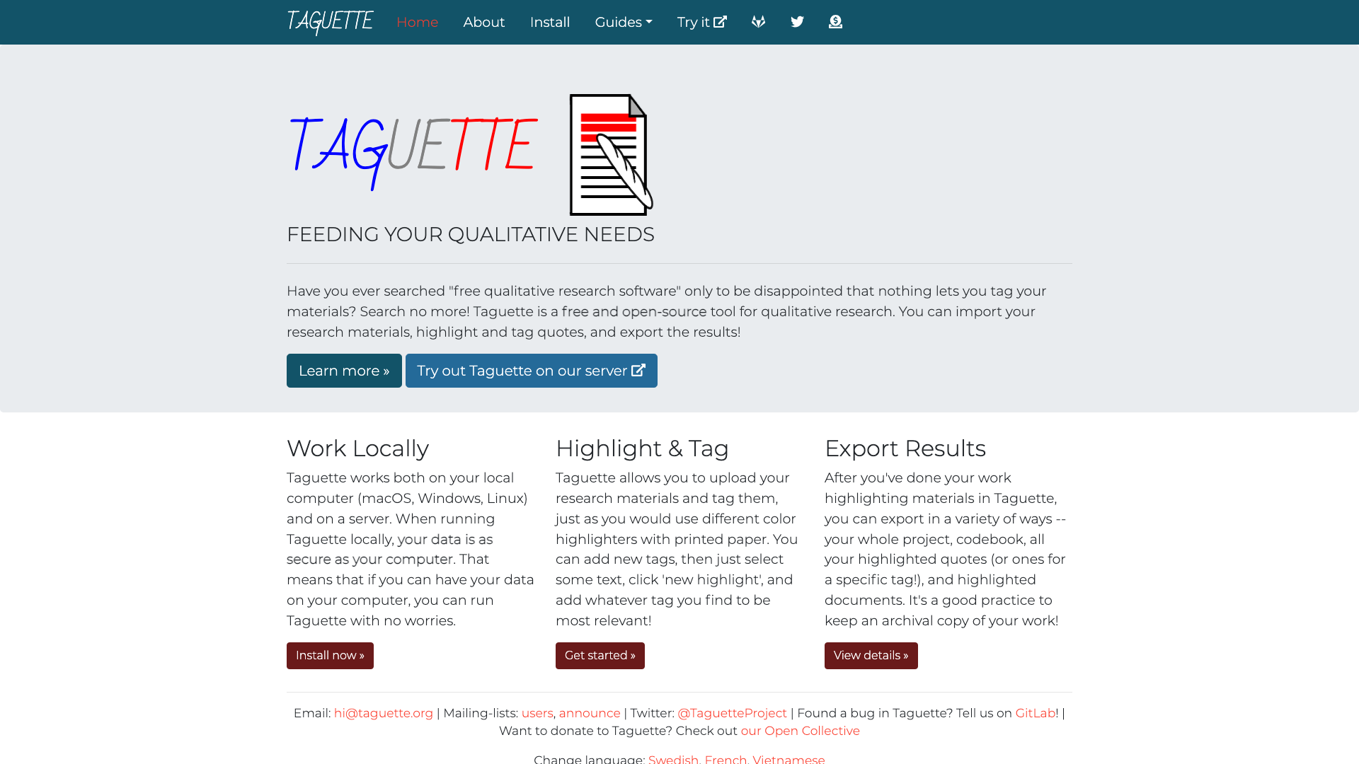 Screenshot of the Taguette homepage